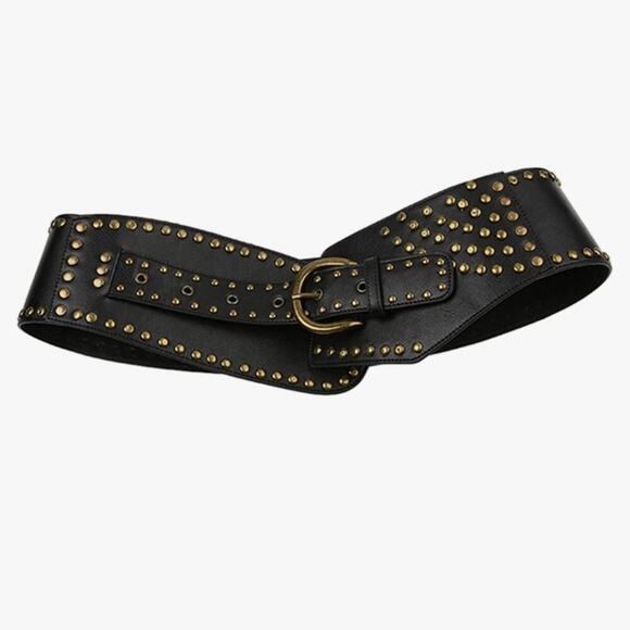 Black Wide Studded Leather Belt Waist Cinch Belt with Antique Gold Buckle - Picture 8 of 9